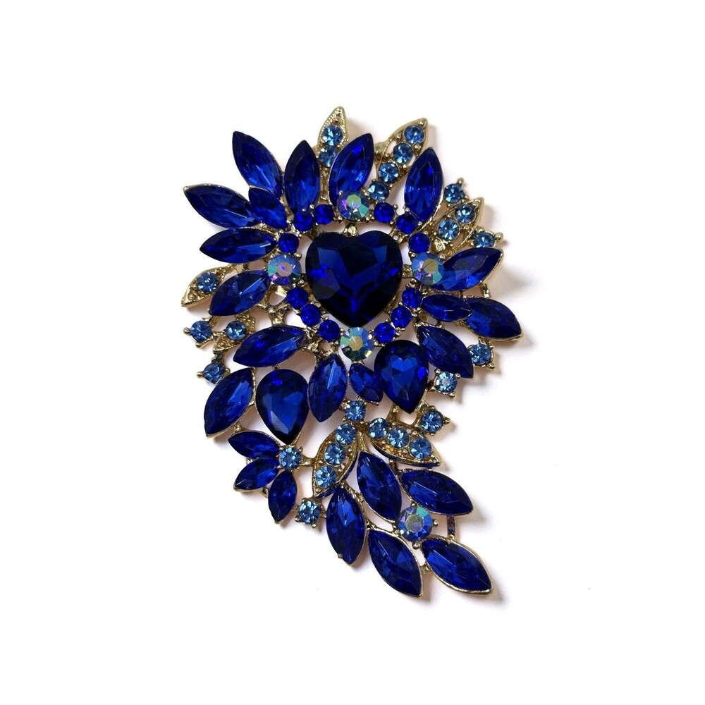 Blue Rhinestone Floral Spray Brooch Pin Gold Tone Heart Statement Vintage Style - Picture 2 of 5